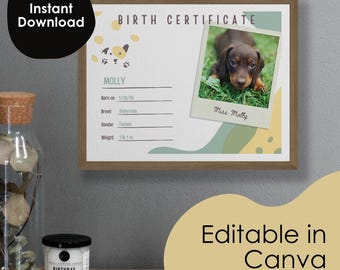 Editable Puppy Birth Certificate Template, Yellow Dog Birth Certificate Canva, Pet Adoption, Customizable Canva Template, Instant Download