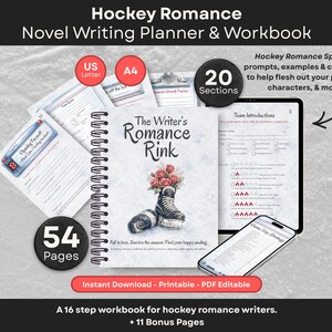 May include: A spiral-bound novel writing planner and workbook titled The Writer's Romance Rink, featuring an illustration of a hockey skate with red roses. Includes 54 pages, 20 sections, and 16 steps for hockey romance writers, with US Letter and A4 options.