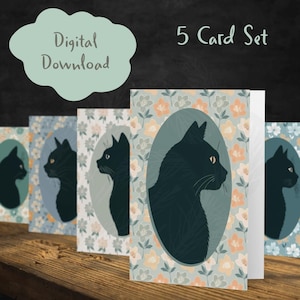Cartes de correspondance de chat noir, portrait silhouette victorienne, jeu de cartes de voeux vierges, téléchargement numérique floral