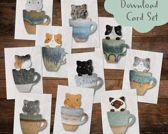 Cats in Cups Card Set, Sassy Cat Greeting Card, Funny Kitten in Mug