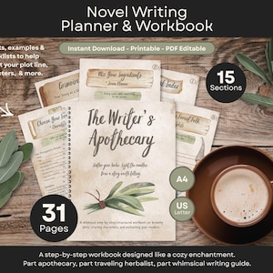 May include: A novel writing planner and workbook with the title "The Writer's Apothecary." The image shows a workbook with 31 pages and 15 sections, along with other printable pages. The workbook is designed to help writers flesh out their plot lines and characters.