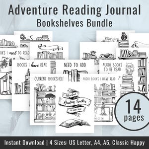 May include: Black and white printable reading journal pages with a bookshelf theme. The pages include titles like "Books I Need to Read", "Books I Have Read", "Need to Add", "Audio Books to Be Read", "Audio Books I Have Read", "Current Bookshelf", and "My Dream Library".