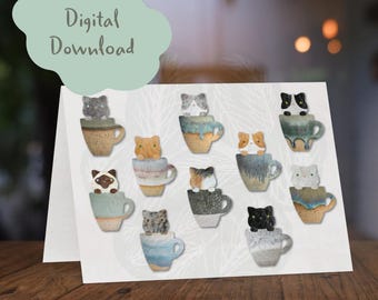 Cats in Cups Card, Sassy Cats Greeting Card, Funny Kittens in Mugs