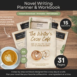 May include: A novel writing planner and workbook with the title "The Writer's Cozy Cafe." The image shows a coffee cup with latte art, a notebook, and several pages with prompts and checklists. The workbook has 15 sections and 31 pages.