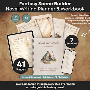 Peut inclure: Un carnet de planification et de travail pour l'écriture de romans Fantasy Scene Builder, comprenant 41 pages et 7 sections. La couverture présente une illustration de tente et le texte The Writer's Quest. Formats US Letter et A4 inclus.