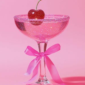 Lindo martini con purpurina rosa y lazo Impresión artística de martini rosa / Decoración de carrito de bar Póster de cóctel / Letrero de bebida exclusiva para fiesta / Pared de moda / Mini