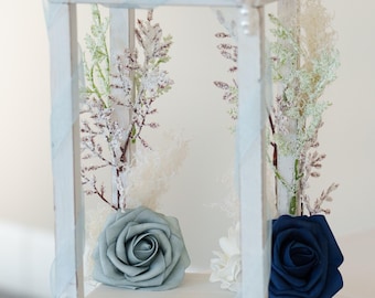 Wedding Lantern Set (8) with Blue Flowers & Birch Candle Holders