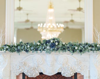 Blue and White Floral Wedding Garland with Lamb's Ear Greenery