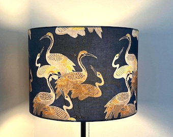 Handgemaakte kraanvogel/blauwe trommelkap/stof vogelprint/elegante lampenkap voor in huis