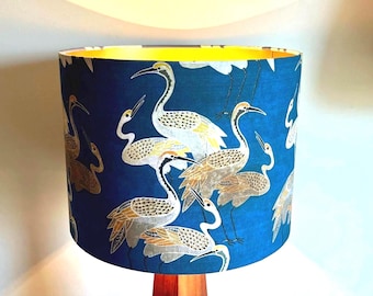 Handgemaakte kraan met gouden achterkant/blauwe trommelkap/stof met vogelprint/elegante lampenkap voor huisverlichting