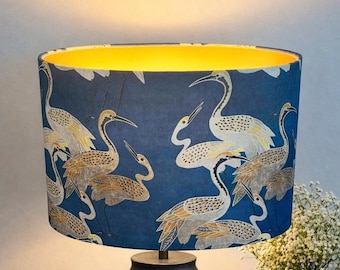 Ovale gouden achterkant handgemaakte kraan/blauwe kap/vogelprint stof/elegante lampenkap voor huisverlichting