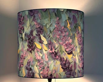 Handmade Purple Floral Oval Lampshade, Botanical Wisteria Fabric, Cottagecore Home Decor