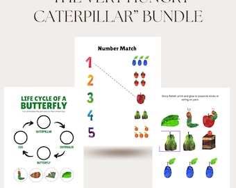 May include: A printable set of educational activities for preschool and kindergarten featuring The Very Hungry Caterpillar. The set includes a life cycle of a butterfly activity, a number matching activity, and a story retell activity.