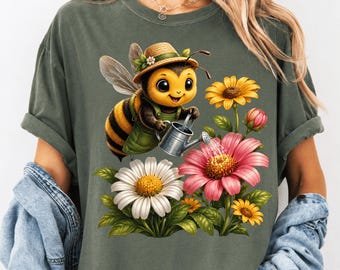 Smiling Gardener Honeybee PNG: Cute Bee Watering Flowers, Whimsical Garden Nature Clipart (Digital Download)