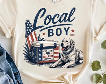 Local Boy with dog PNG SVG: Coastal Patriotic Summer Vibes Americana Beach Lifestyle Dog Lover png Vintage Retro USA Art (Digital Download)