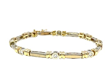 May include: A gold and silver bracelet with small, round, clear gemstones. The bracelet has a rectangular link design with gold accents and a clasp closure. The bracelet is displayed on a white background.