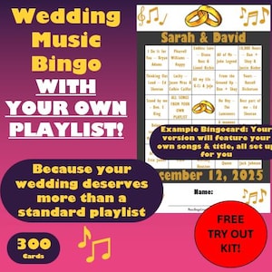 Tu propio bingo musical para bodas: 300 cartones con tus éxitos favoritos para bodas y ensayos. Muestra gratis. Descarga instantánea personalizada.