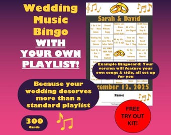 Gepersonaliseerde bruiloftmuziekbingo – 300 je eigen afspeellijstkaarten (directe download)