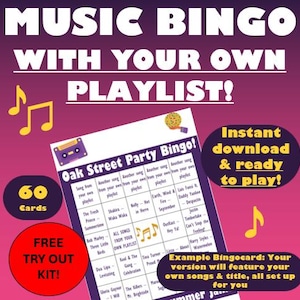 Your Own Playlist Music Bingo – 60 Cards with Your Party Hits for Birthday, Bachelor or Corporate events – Personalized, Instant Download