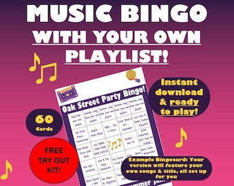 Personalized Music Bingo - 60 Cards, Custom Playlist (Instant Download)