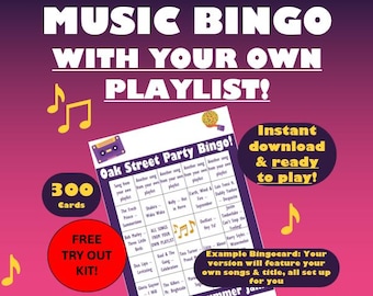 Personalized Music Bingo – 300 Cards, Custom Playlist Party Game (Instant Download)