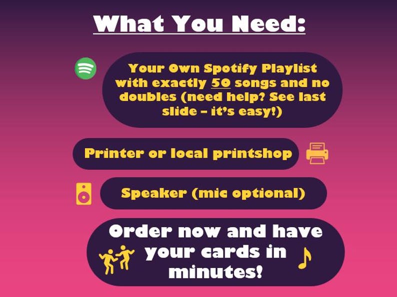 May include: A pink and purple gradient graphic detailing project requirements. It lists a Spotify playlist, printer, and speaker. The text reads "What You Need:" and "Order now and have your cards in minutes!"