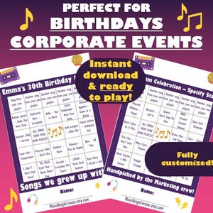 May include: Two printable bingo cards with a purple and pink gradient background. The cards are designed for birthdays and corporate events, with the text "Emma's 30th Birthday" and "Spotify Stars" visible. The cards include the text "Instant download & ready to play!"