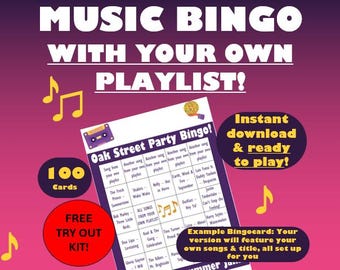Custom Playlist Music Bingo – 100 Personalized Cards (Instant Download)