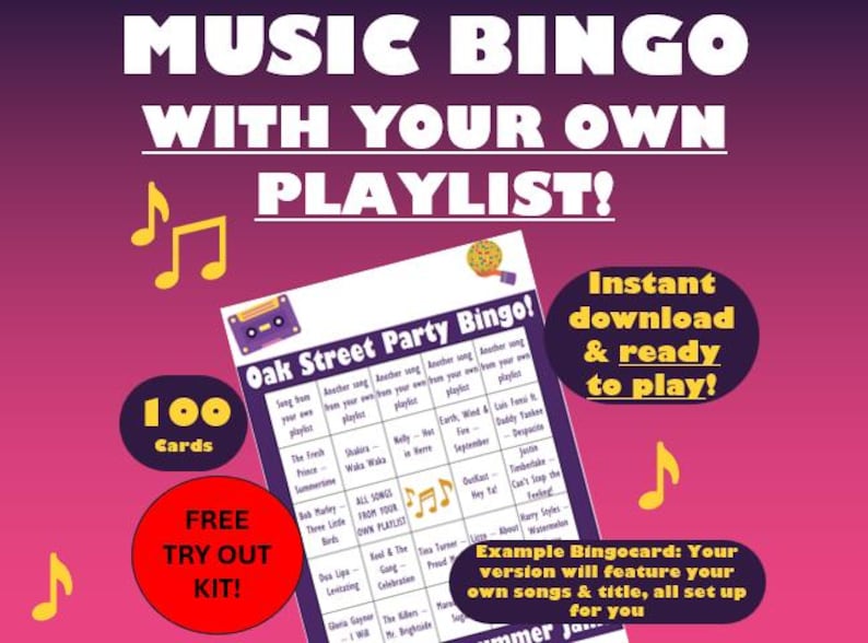 Custom Playlist Music Bingo – 100 Personalized Cards (Instant Download) image 1