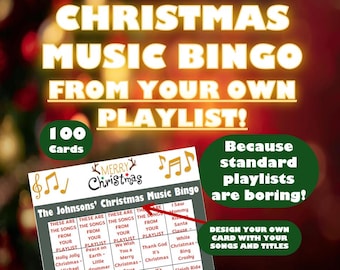Bingo kerstmuziek: gepersonaliseerde afspeellijst, 100 kaarten (directe download)