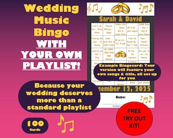 Wedding Music Bingo – 100 Personalized Cards, Your Own Playlist (Instant Download)