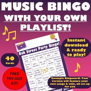 Je eigen afspeellijst Muziekbingo: 40 kaarten met je favoriete TikTok-hits uit de jaren 60, 70, 80 en 90 - gratis voorbeeld - gepersonaliseerd, direct downloaden
