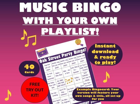 Personalized Music Bingo – 40 Cards with Your Custom Playlist (Instant Download)