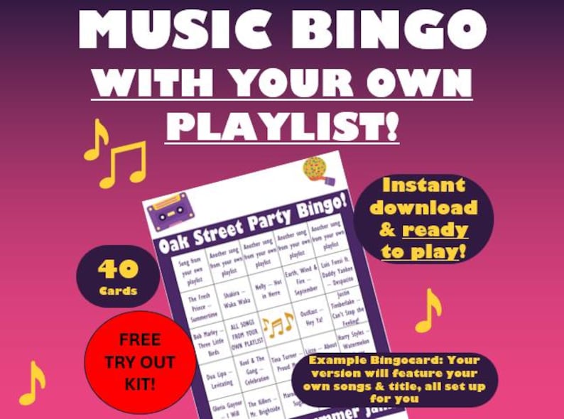 Personalized Music Bingo – 40 Cards with Your Custom Playlist (Instant Download) image 1