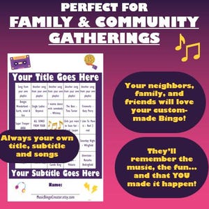 May include: A bingo card in purple and white, designed for family and community gatherings. It features customisable title, subtitle, and song sections. Text bubbles emphasize the enjoyment of personalized bingo.