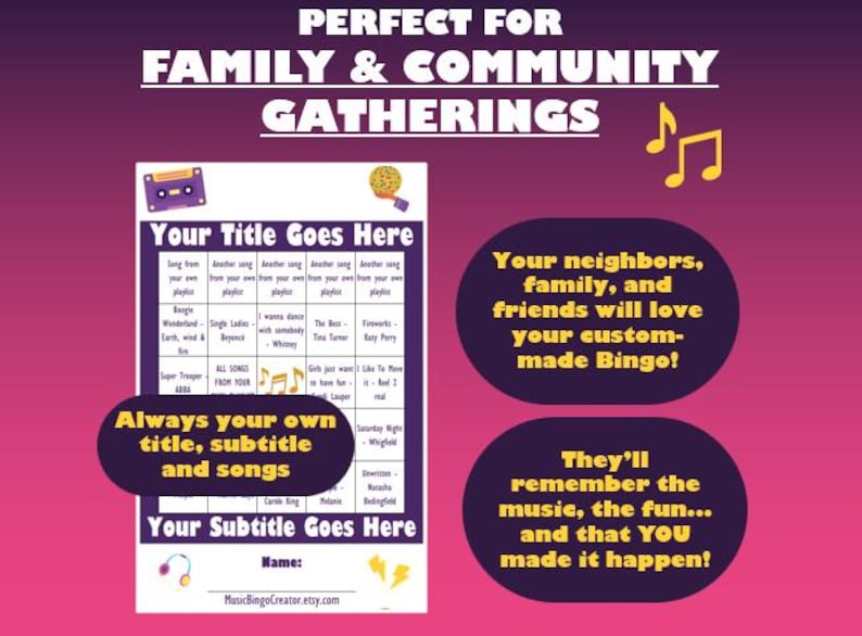 May include: A bingo card in purple and white, designed for family and community gatherings. It features customisable title, subtitle, and song sections. Text bubbles emphasize the enjoyment of personalized bingo.