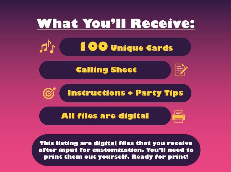 Custom Playlist Music Bingo – 100 Personalized Cards (Instant Download) image 4