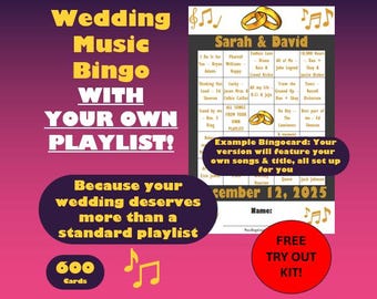 Your Own Wedding Music Bingo – 600 Cards with Your Own Playlist Hits for Wedding & Bachelor - Free sample – Personalized, Instant Download