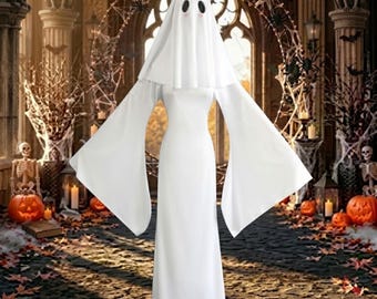 Sexy Ghost Halloween Costume for Women, Figure Hugging White Ghost Dress with Veil, Cute Ghost Cosplay, Spooky Halloween Party Outfit