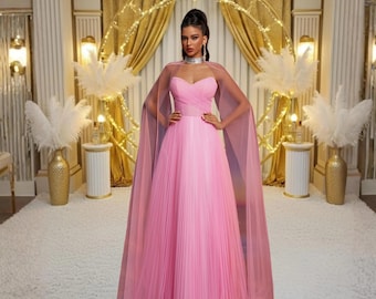 V Neck Lace Evening Dress for Women, Pleated Scarf Formal Gown, Mesh Maxi Dress, Wedding Guest Dress, Prom Evening Wear