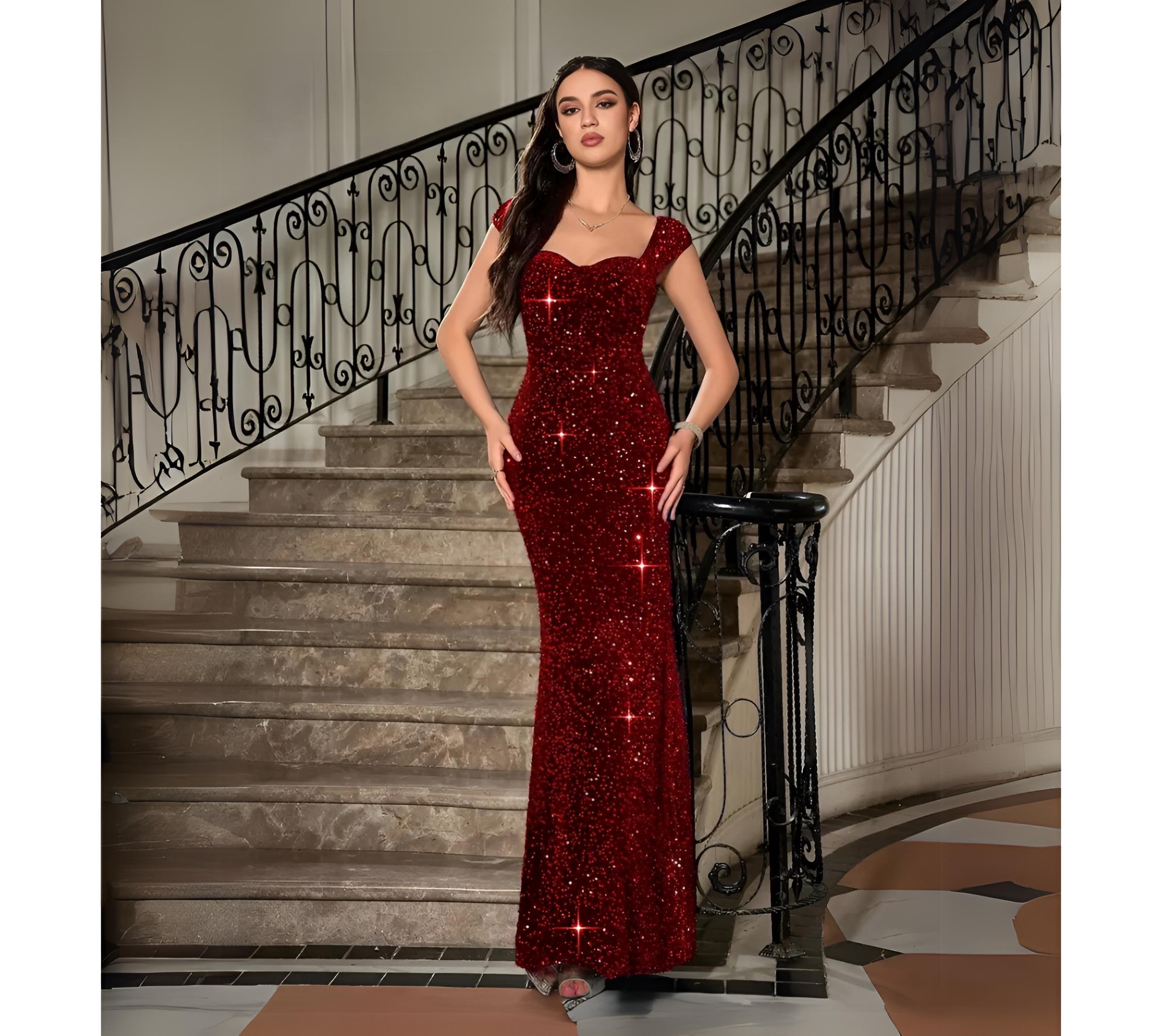 strapless open back dress Red Rhinestone Velvet High Slit Fit & Flare Prom Dress main image 1
