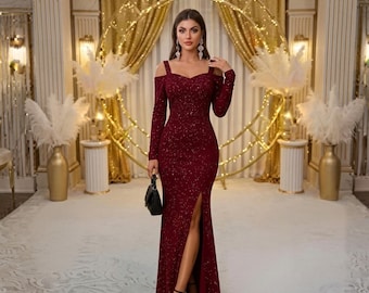 Burgundy Glitter Maxi Dress for Women, Long Sleeve Evening Gown with Slit, Off Shoulder Formal Party Dress, Elegant Wedding Guest Dress