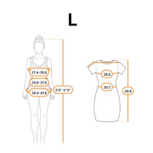 Puede incluir: Una tabla de medidas de ropa talla L con el contorno negro de una figura humana y un vestido. La figura muestra una altura de 5'9"-5'11" y medidas corporales de 37.4-39.8, 29.6-31.9 y 39.4-41.8. El vestido muestra 38.6, 30.7 y 59.9.