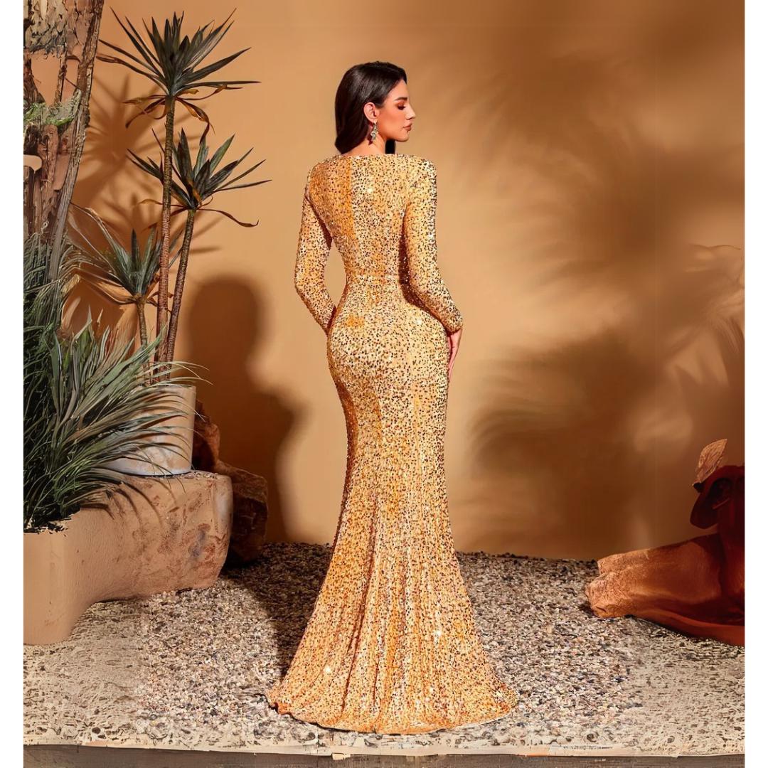 Gold Sequin Mermaid Gown: Elegant Long Sleeve Formal Dress - Etsy