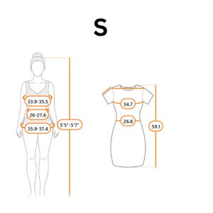 Puede incluir: Una tabla de medidas para ropa talla S con el contorno negro de una figura humana y un vestido. La tabla muestra medidas en pulgadas para pecho 33.9-35.5, cintura 26-27.6, caderas 35.9-37.4, altura 5'5"-5'7" y longitud del vestido 59.1 pulgadas.