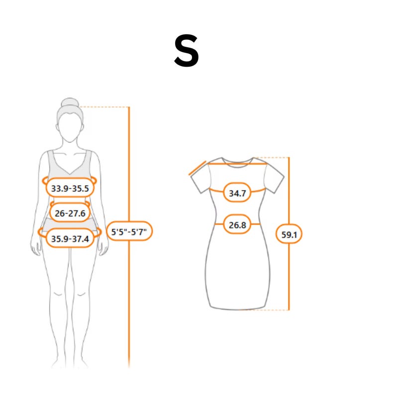 Puede incluir: Una tabla de medidas para ropa talla S con el contorno negro de una figura humana y un vestido. La tabla muestra medidas en pulgadas para pecho 33.9-35.5, cintura 26-27.6, caderas 35.9-37.4, altura 5'5"-5'7" y longitud del vestido 59.1 pulgadas.