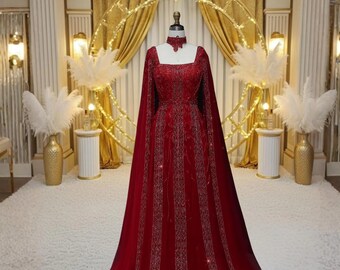 Vestido formal rojo real para mujer, vestido de noche con mangas tipo capa y detalles de cuentas, vestido para invitada a boda, fiesta de graduación o cóctel.
