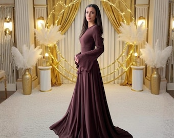 Women's Elegant Long Sleeve Formal Dress, Slim Fit Waist Defined Evening Gown, Wedding Guest Prom Gala Maxi Dress