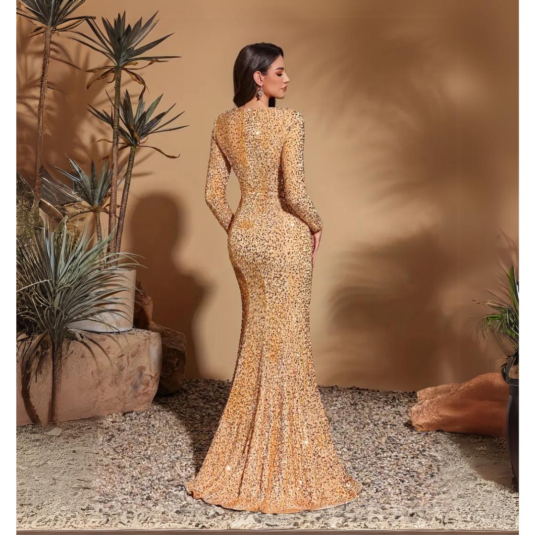 Gold Sequin Mermaid Gown: Elegant Long Sleeve Formal Dress - Etsy