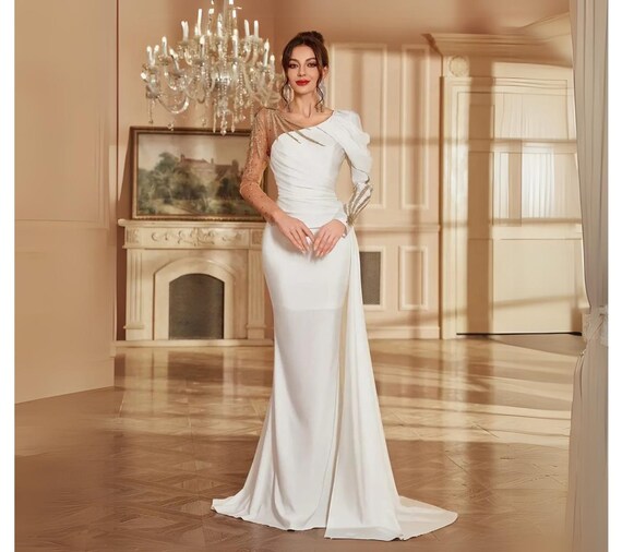 one long sleeve dress formal STRETCH SATIN ONE SHOULDER LONG SLEEVE GOWN BY AMELIA COUTURE 2102 EMERALD GREEN / 4
